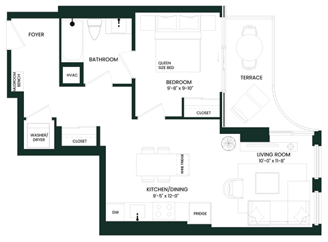 a floor plan of a house with a bedroom and a living room